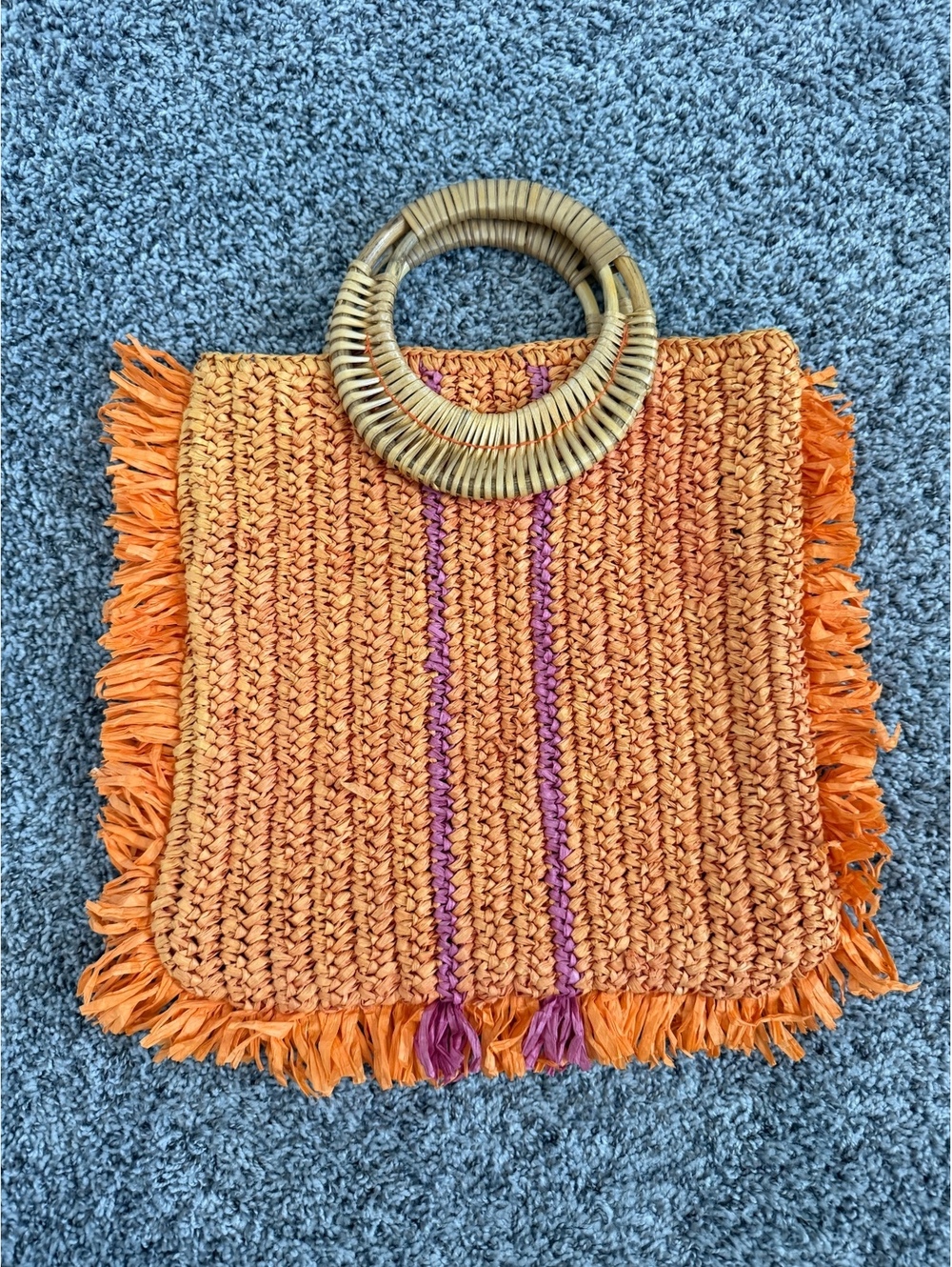 Soft Surroundings 100% Paper Raffia Orange Fringe Tote Bag With Bamboo Handles